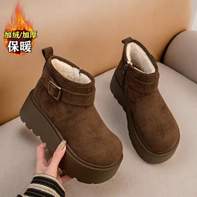 清仓真皮厚底雪地靴女2025冬季新款加绒加厚保暖勃肯棉鞋增高短靴