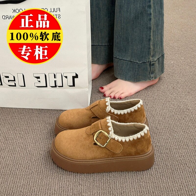 品牌真皮复古乐福鞋女2026春季新款厚底增高百搭勃肯鞋软底豆豆鞋