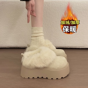 品牌真皮厚底包头毛毛半拖鞋女2025新款冬季加绒勃肯棉拖鞋雪地靴