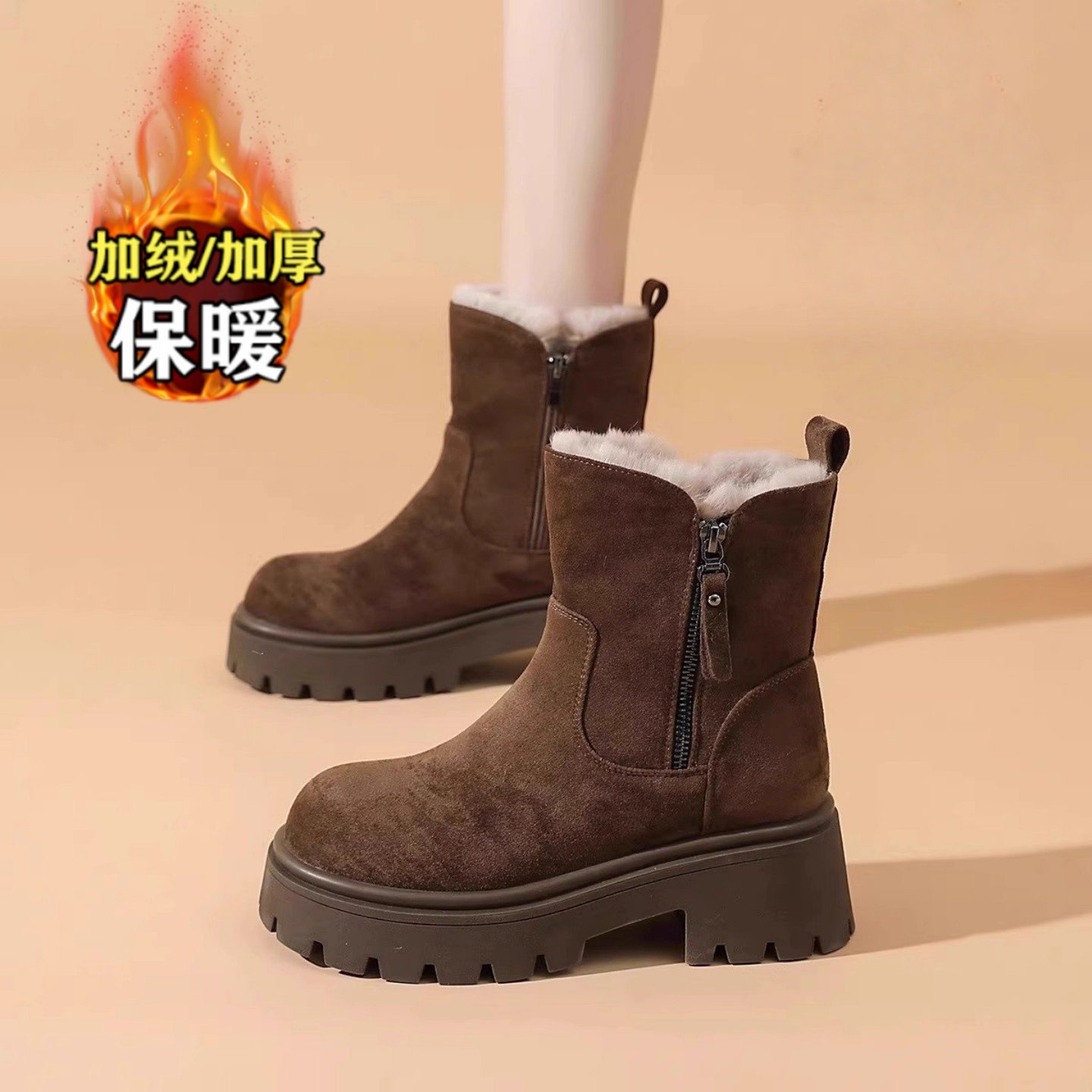 品牌真皮厚底加绒加厚雪地靴女2025冬季新款中筒棉靴防滑保暖棉鞋