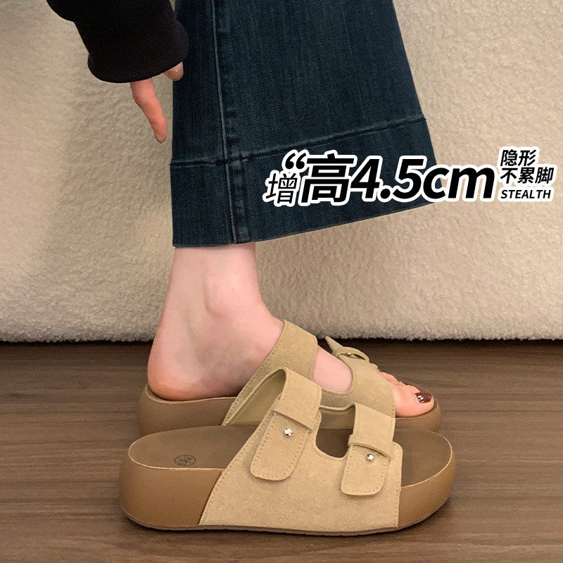 品牌真皮绝美勃肯一字拖鞋女夏外穿2026新款厚底增高防滑沙滩凉拖