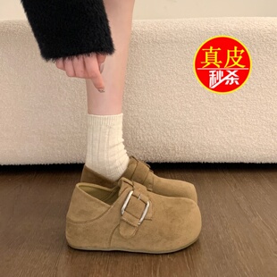 品牌真皮玛丽珍乐福鞋女2026春季新款厚底增高勃肯鞋一脚蹬豆豆鞋