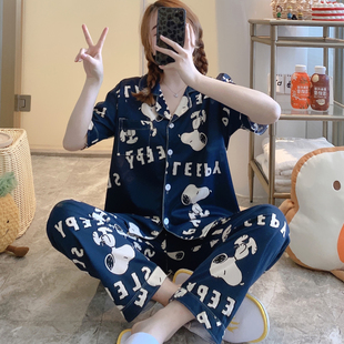 春秋月子家居服两件套 睡衣女短袖 开衫 夏长裤 棉质卡通学生外贸韩版