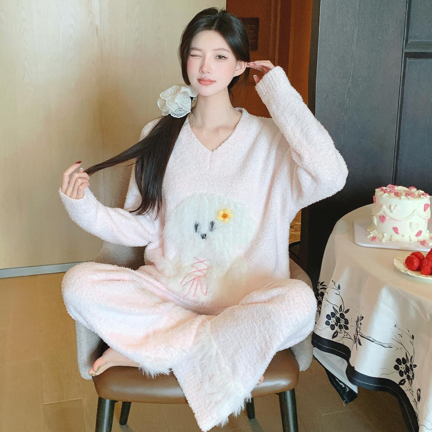 半边绒睡衣女毛绒狗狗长袖长裤家居服可外穿珊瑚绒加厚套装秋冬季