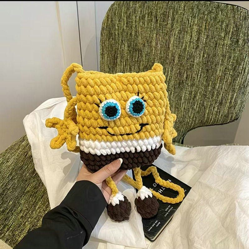 手工编织海绵宝宝毛线包可爱卡通斜挎包女针织包包个性礼物送女友