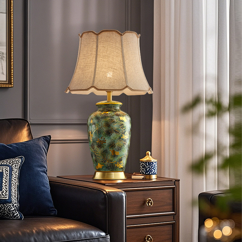 美式陶瓷台灯卧室床头复古手绘全铜底座客厅书房大号别墅台灯装饰