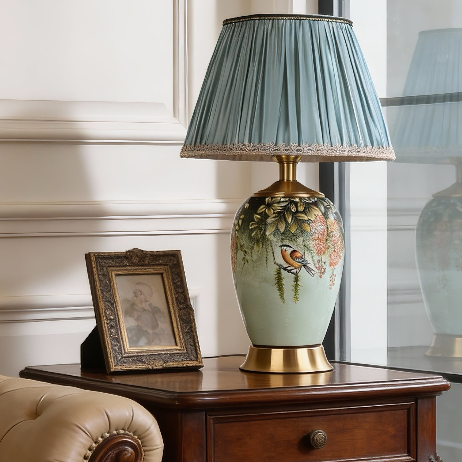 美式陶瓷台灯客厅卧室床头灯复古手绘花鸟纯铜底座别墅设计师推荐