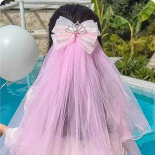 儿童蝴蝶结发夹女童飘纱配饰精致可爱公主头饰小女孩长款头纱发卡