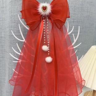 2024年新款公主儿童可爱网仙女红色中国风小女孩头纱新娘发卡发饰