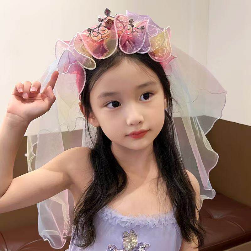 儿童皇冠网纱发箍新款女童蝴蝶结公主头纱头箍女孩发卡库洛米头饰