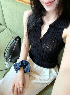 BERUN BERUN 纯欲镂空黑色领针织背心女夏季性感修身显瘦无袖上衣