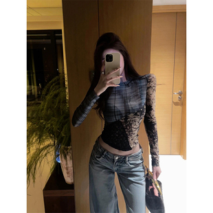 BERUN 小众设计感格纹拼接网纱长袖恤女辣妹修身印花打底薄上衣