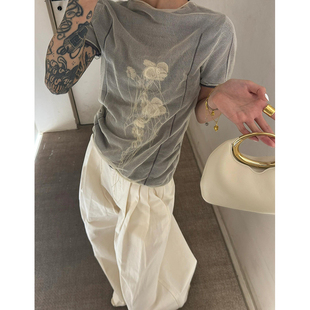 BERUN 高端欧货复古提花短袖恤女夏季设计感小众欧根纱卷边上衣