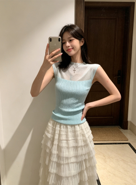 BERUN 纯欲风网纱拼接烫钻针织背心女装小众修身显瘦百搭无袖上衣