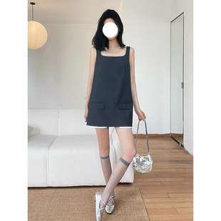 BERUN 法式高级感灰色方领吊带连衣裙女夏季宽松显瘦西装短裙子