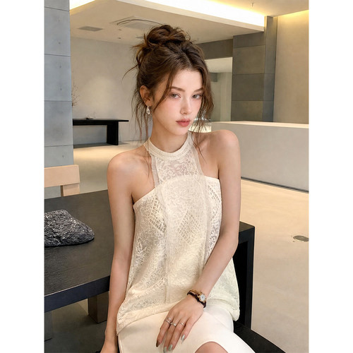 BERUN 纯欲辣妹镂空刺绣挂脖背心女秋季气质修身显瘦露肩内搭上衣