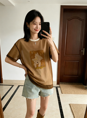 BERUN 美式卡通小狗印花T恤女装网纱双层宽松显瘦慵懒风短袖上衣