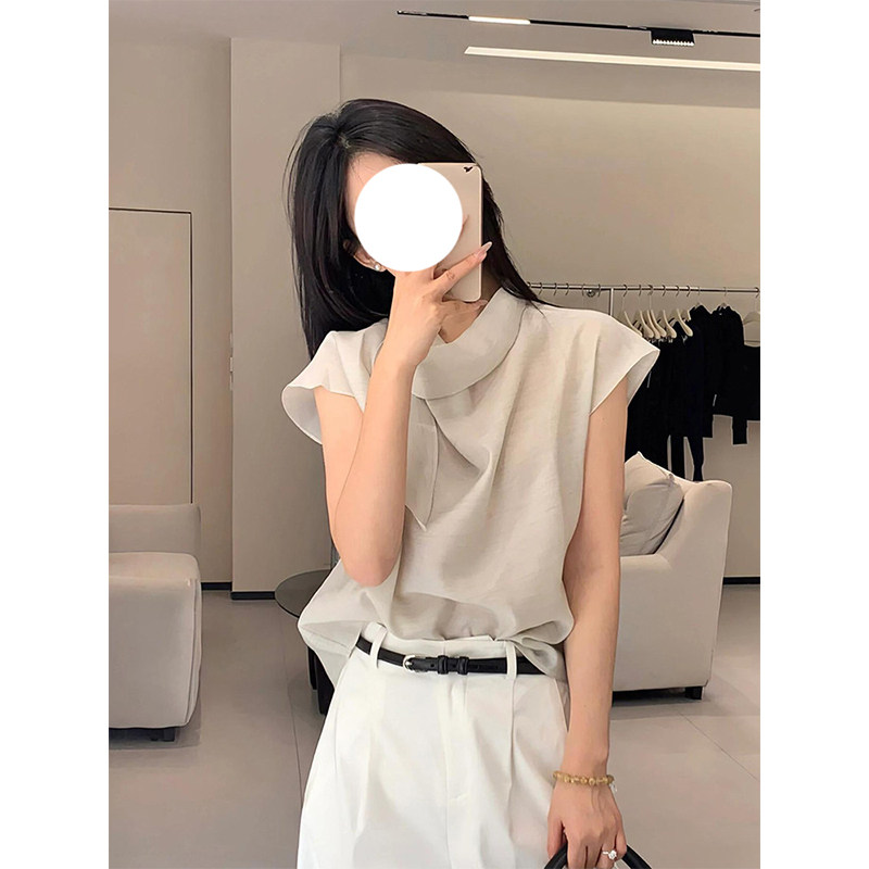 BERUN 极简围脖飘带短袖薄衬衫女夏季高级感轻熟风时尚减龄上衣图片