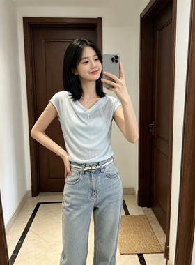 BERUN 韩系蓝色荡领短袖T恤女装夏季肌理感修身显瘦短款气质上衣