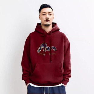 香港潮牌陈伟霆重磅酒红色秋冬季纯棉加绒男女同款印花长袖连帽衫