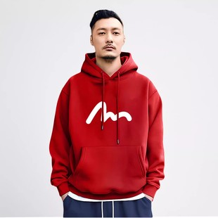 香港潮牌余文乐宽松大红色圆领卫衣男秋冬季加绒情侣中国风连帽衣