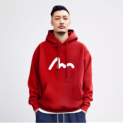香港潮牌余文乐宽松大红色圆领卫衣男秋冬季加绒情侣中国风连帽衣