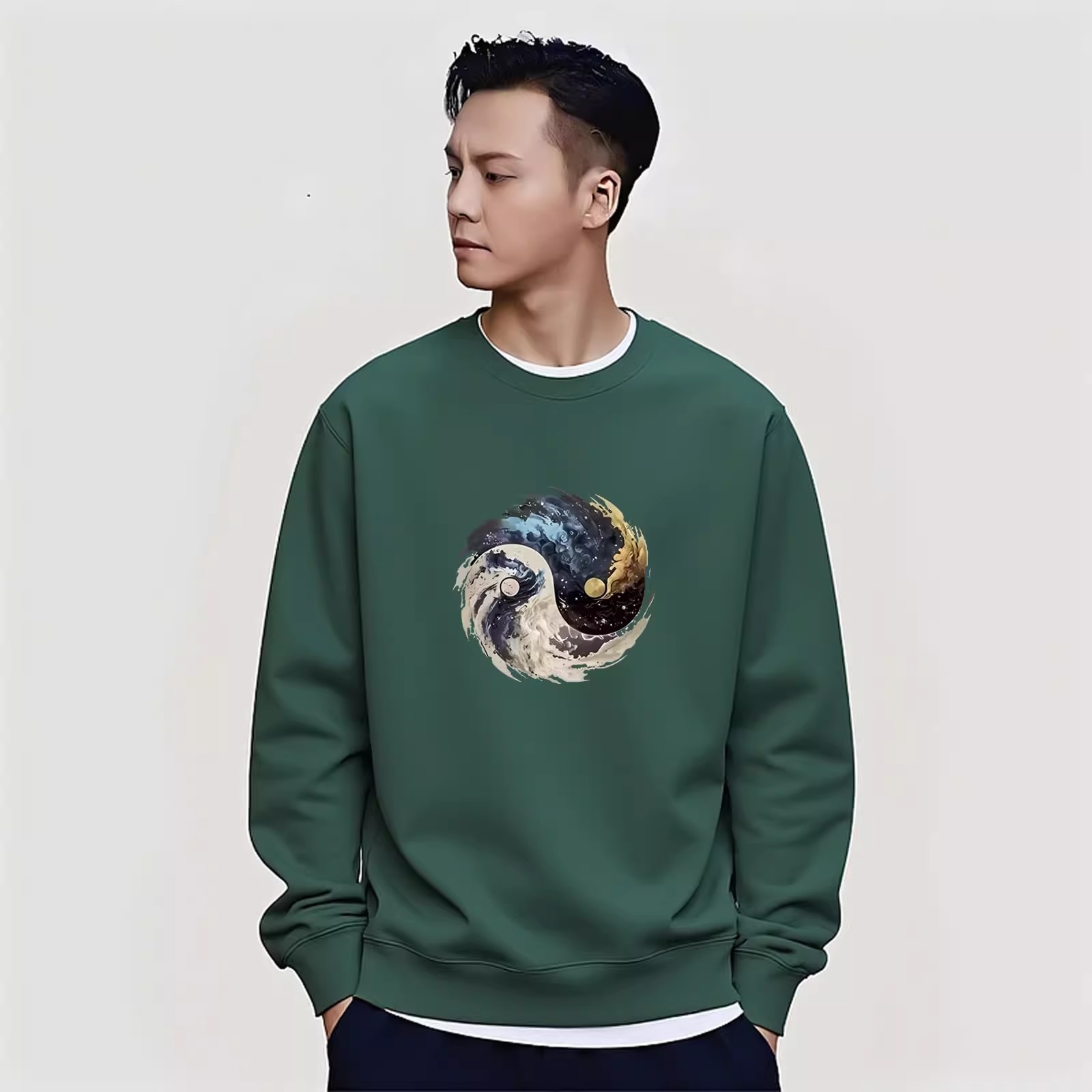 香港潮牌陈伟霆圆领套头长袖男秋冬新款重磅印花创意复古运动外套