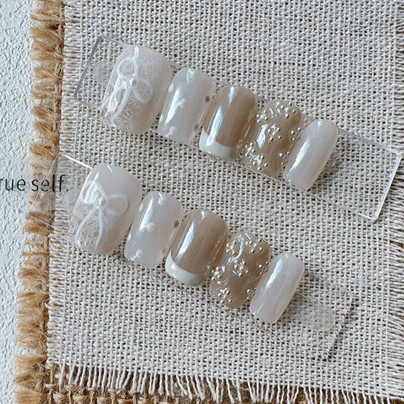 蕾丝蝴蝶结穿戴甲 新短方法式珍穿戴甲/甲片