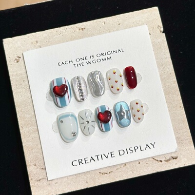 美式甜心捏捏复古酒红爱心纯手工穿戴甲手作高级波点设计感高级