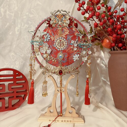 结婚团扇婚礼出嫁秀禾手工喜扇子双面重工新娘diy材料包蓝色红色