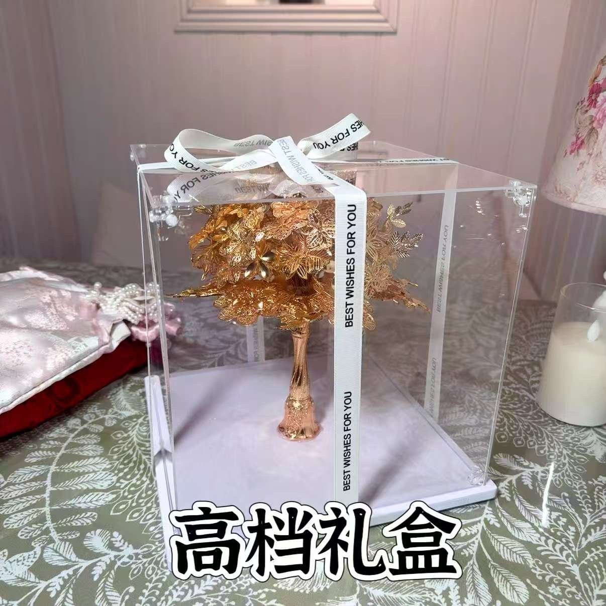 权杖闪钻高档礼盒新娘婚纱透明防尘罩展示盒亚克力手捧花收纳盒