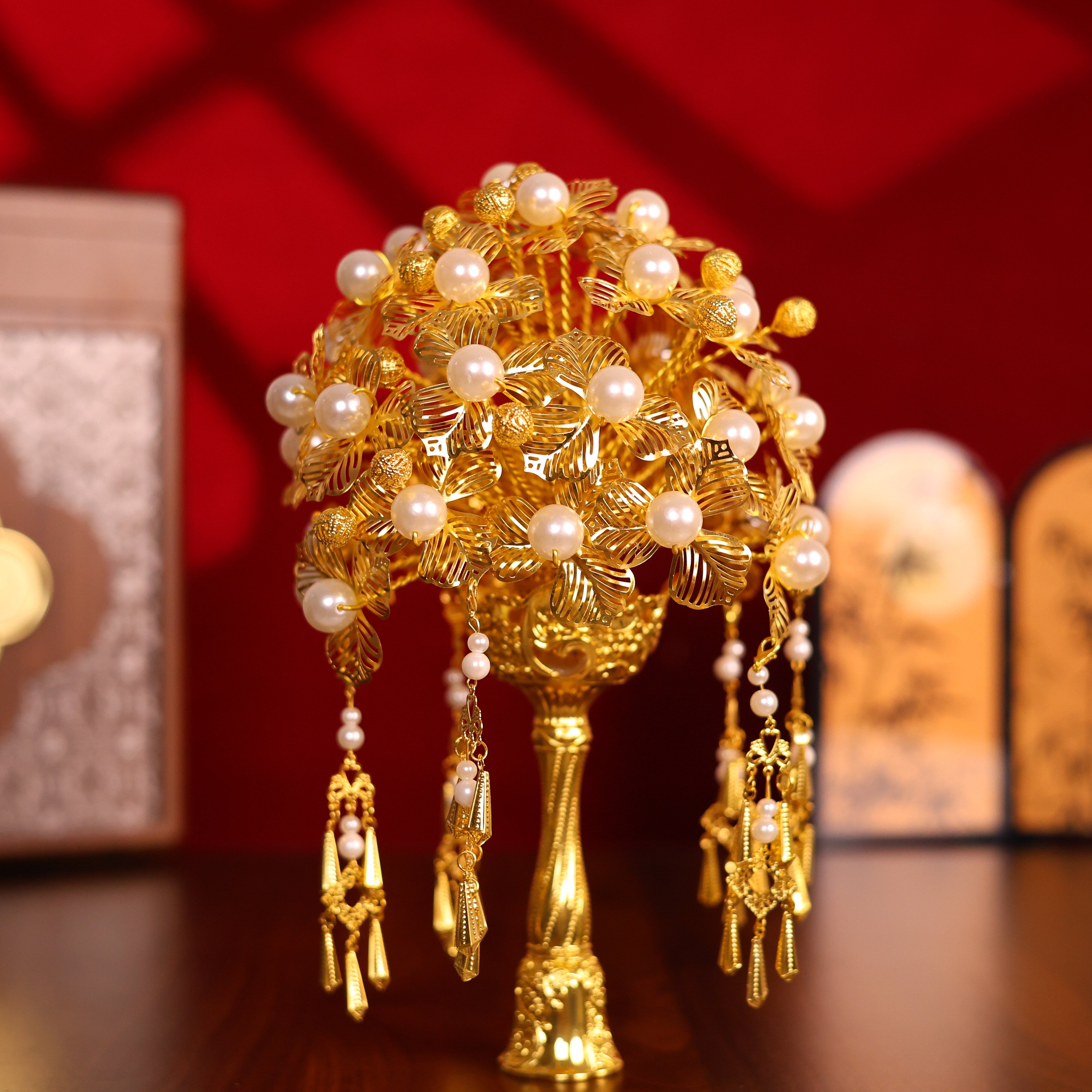 黄金色手捧花结婚diy礼物高级手工新婚闺蜜团扇中式婚礼新娘秀禾