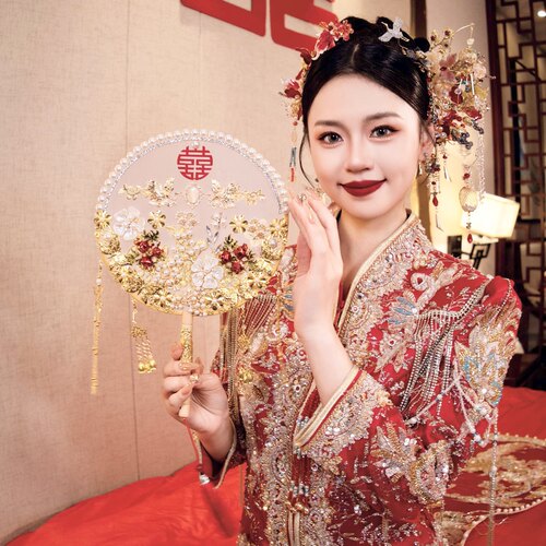 婚礼新娘团扇结婚中式喜扇新秀禾手工diy材料包成品出嫁扇子礼盒