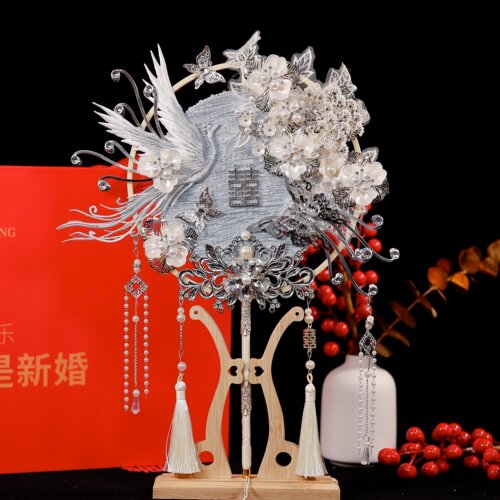 团扇新娘结婚成品diy扇子婚扇秀禾手工高级材料包喜扇银色中式