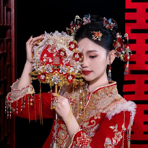 团扇新娘结婚diy材料高级双面手工婚礼喜扇中式婚扇秀禾扇子新婚
