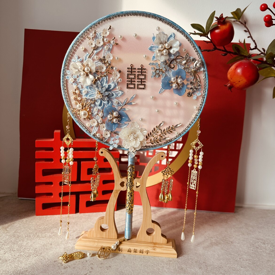 中式婚礼新娘喜扇冰秀禾服蓝色团扇结婚出嫁扇子diy材料包小红书图片