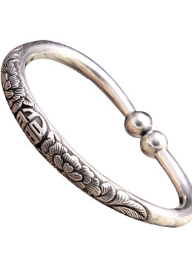 守忆福字牡丹蒜头镯手工银手镯百福复古银饰送妈妈老人开口银镯子