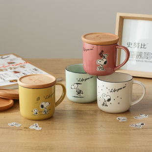 Snoopy史努比木盖马克杯盖子陶瓷杯咖啡杯日本进口杯子带盖杯水杯