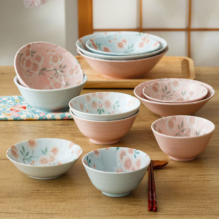 有古窑日本进口粉色樱花碗陶瓷饭碗盘子餐具日式小碗家用钵碗汤碗