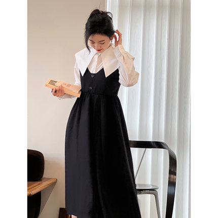 02/10 春秋法式学院风V领复古桔梗吊带连衣裙气质收腰中长款裙女