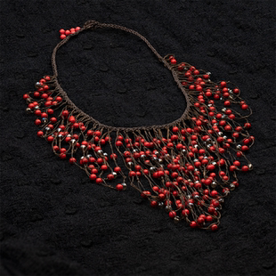 2025年新款不掉色红色项链女绚丽多彩复古个性夸张流苏毛衣链配饰