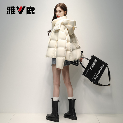 雅鹿连帽龟背短款羽绒服外套