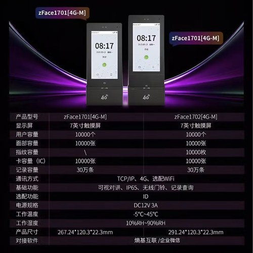 ZKTeco熵基科技 4G免流人脸识别考勤门禁一体机 zFace1702[4G-M]