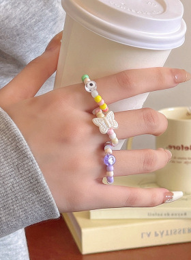 多巴胺彩色串珠戒指女小众独特2025新款爆款指环弹力绳可调节戒子