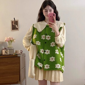 绿色圆领开衫背心马夹女针织衫大版百搭马甲花朵图案高级感上衣潮