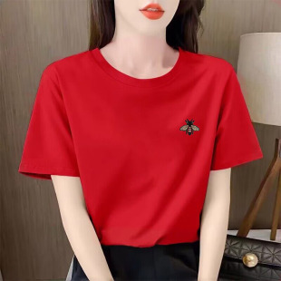 夏季百搭红色宽松上衣2026年韩版短袖t恤女ins时尚半袖纯棉体恤衫