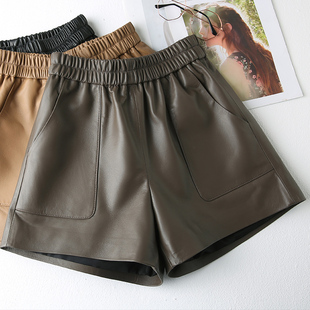 绵羊皮真皮短裤女秋冬新款欧洲站高腰显瘦松紧腰a字阔腿皮短裤潮