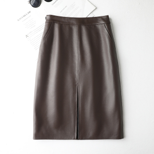 绵羊皮真皮皮裙半身裙女新款 开叉OL空姐包臀裙 高腰显瘦百搭中长款