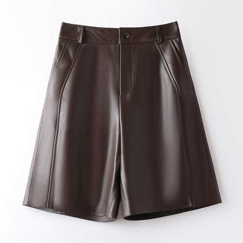 绵羊皮真皮皮裤女秋冬新款高腰阔腿短裤五分裤宽松中裤女显瘦百搭