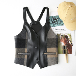 皮背心修身 无袖 显瘦叠穿羊毛呢外套女 绵羊皮真皮马甲吊带短款 新款